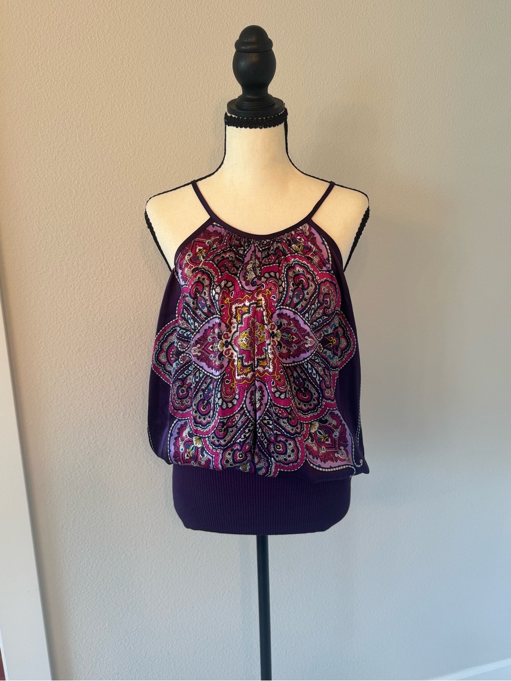 bebe Vintage Y2K Paisley Medallion Blouson Halter Top Purple Multi M NWT Silk